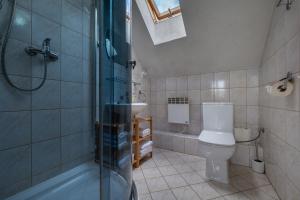 uma casa de banho com um chuveiro, um WC e um lavatório. em Penzion Fortuna em Liptovský Mikuláš
