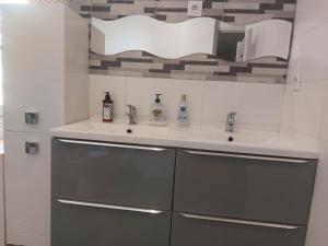 a bathroom with a sink and a mirror at VILLA BELLA avec piscine et jacuzzi in Saint-Fons +11 photos