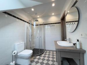 a bathroom with a shower and a toilet and a sink at Karlamuiza Country Hotel in Kārļi