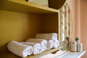 a row of towels on a shelf in front of a mirror at Singerheimen in Olden