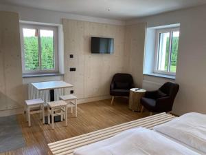 a bedroom with a bed and a desk and a tv at Horská chata Smědava in Weissbach