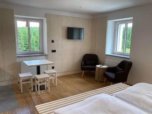 una camera da letto con un letto, una scrivania e una TV di Horská chata Smědava a Weissbach
