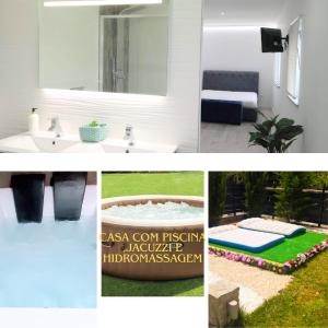 eine Collage mit Bildern eines Badezimmers und eines Waschbecken in der Unterkunft Casa com Piscina e Hidromassagem e Kids Zone in Nelas