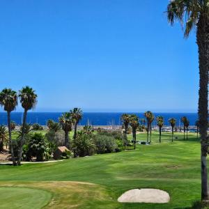 un campo de golf con palmeras y el océano en Sunny Suite en San Miguel de Abona
