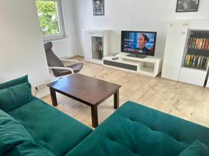 a living room with a couch and a tv at Wohnen auf Zeit - Biebesheim in Biebesheim
