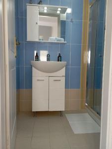 W łazience znajduje się umywalka i prysznic. w obiekcie Captain's Nest w mieście Andros