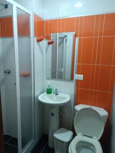 a small bathroom with a toilet and a sink at Hotel Najjez in Villavicencio