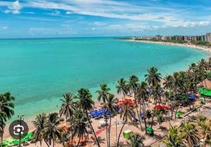 Vista aérea de uma praia com palmeiras e o oceano. em lindo apartamento de frente para à praia de pajuçara em Maceió
