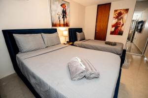 Charming Retreat with Patio Access and FREE Laundry في بونسي: غرفة نوم بسريرين عليها مناشف