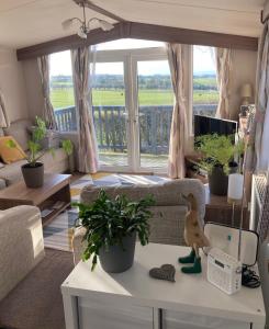 - un salon avec un canapé et une table ornée de plantes dans l'établissement Lake District Solway View 16 The Beeches Caravan Park, à Gilcrux