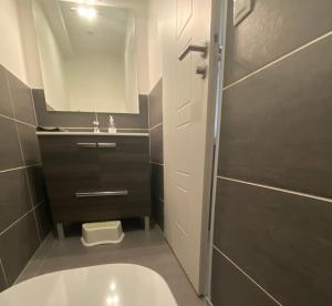 une salle de bain avec un lavabo, des toilettes et un miroir dans l'établissement Appartement belle vue sur les montagnes, à Saint Pierre en Faucigny