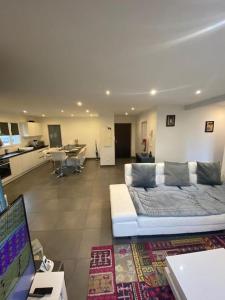 un grand salon avec un canapé et une cuisine dans l'établissement Appartement belle vue sur les montagnes, à Saint Pierre en Faucigny