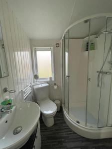 a bathroom with a toilet and a shower and a sink at Caravan Skye Holidays in Portree +20 photos