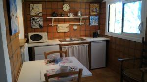 a small kitchen with a table and a sink at Plumes d'art in Cérizols