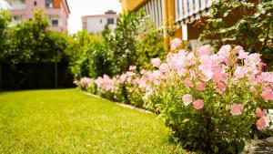 Une rangée de fleurs roses dans une cour dans l'établissement Vila Aliaj luxury apartment for 5 with private terrace and garden, à Durrës