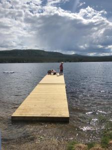 a person standing on a dock in a lake at 1125 Fjällstugan in Lofsdalen