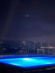 a blue swimming pool at night with a view at Wineyards Salin in Turda