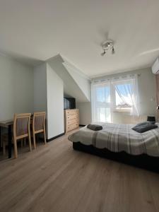 a bedroom with a bed and a desk and a window at Willa Dominik in Jastarnia