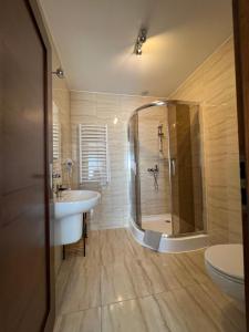 a bathroom with a shower and a sink and a toilet at Willa Dominik in Jastarnia +25 photos