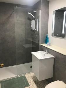 a bathroom with a shower and a toilet and a sink at Tay View in Perth