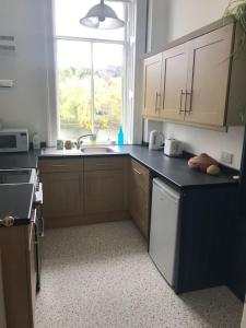 a kitchen with wooden cabinets and a sink and a window at Tay View in Perth +3 photos
