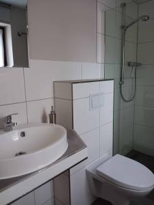a white bathroom with a sink and a toilet at Naturaktivitäten, Entspannung - Ferienwohnung in Ahrensberg +4 photos