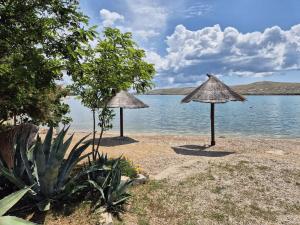 two straw umbrellas on a beach near the water at Apartment Perla in Dinjiška