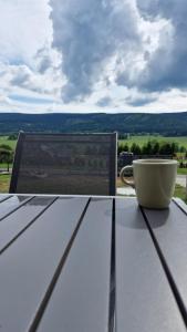 uma chávena de café sentada em cima de uma mesa em All Season Lasówka - Willa 10 osobowa z widokiem na góry, Sauna opalana drewnem, Jacuzzi em Lasowka