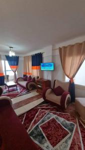 Una sala de estar con sofás y un televisor de pantalla plana. en La bedouin, en Amán