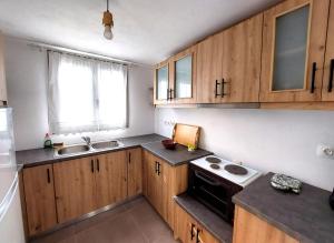 a small kitchen with wooden cabinets and a stove at The Old Barn House in Mesótopos