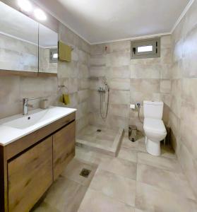Un baño con inodoro, lavabo y ducha. en The Old Barn House, en Mesótopos