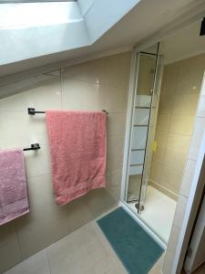 卡斯凱什的住宿－Lisbon Soul Surf Camp，一间带粉色毛巾和淋浴的浴室