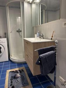 a bathroom with a shower and a sink and a washing machine at Residence Mona Lisa bord de mer Menton in Menton +49 photos