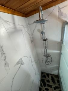 a shower in a bathroom with white marble walls at Atico Valentina in El Paso