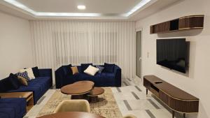 a living room with blue couches and a tv at Le flamand du lac 2 in La Goulette