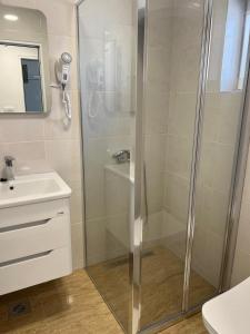 a shower with a glass door in a bathroom at Vip apartmani in Tivat