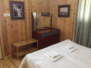 Schlafzimmer mit einem Bett, einer Kommode und einem Spiegel in der Unterkunft Pervolaris Cottages 2 in Goudhi