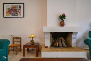 a living room with a fireplace with a vase at Luxury Villa King George in Nea Makri in Nea Makri