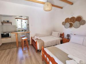 コッキーノ・ネロにあるSotiria Apartmentsのベッド2台とキッチンが備わる小さな客室です。