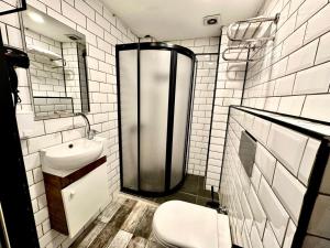een badkamer met een douche, een toilet en een wastafel bij Golden Prince Hotel Taksim in Taksim