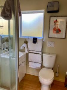 uma casa de banho com um WC, um lavatório e uma janela em Willow Tree Cottage em Lincoln