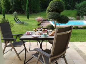 a table and chairs with a meal on a patio at La Lilas des Fargues Maison d'Hôtes in Albi