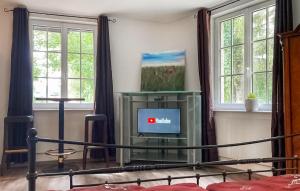 Schlafzimmer mit einem Bett, einem TV und Fenstern in der Unterkunft Ferienwohnung In Auern in Auern
