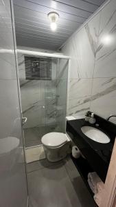 a bathroom with a shower and a toilet and a sink at Quitinete ótima localização in Foz do Iguaçu
