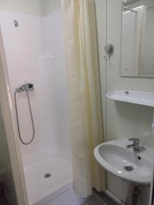 a bathroom with a shower and a sink at Monica și Tibo in Sfântu Gheorghe +2 photos