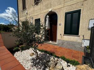 eine Tür eines Gebäudes mit einem Baum davor in der Unterkunft La Vecchia Chiassaia (mare/montagna) in La Pescaia