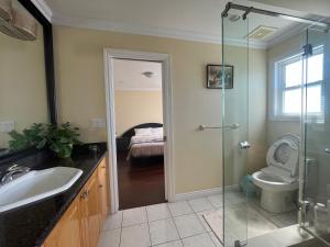 a bathroom with a shower and a sink and a toilet at Coze home in Vancouver near YVR in Vancouver