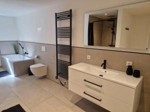 a bathroom with a sink and a toilet and a mirror at Ferienwohnung am See - Erdgeschoss - Ruhige Lage - Eigener Garten in Borken +10 photos