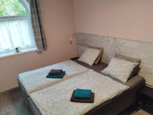 twee bedden in een slaapkamer met twee kussens erop bij Motel Vega in Sezimovo Ústí