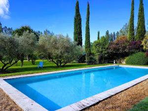 ein blauer Pool in einem Garten mit Bäumen in der Unterkunft Mas des Bômes **** in Mérindol
